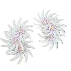 1950s Lavender Plastic Triple Floral Ear Climber Clip Earrings with Rhinestones