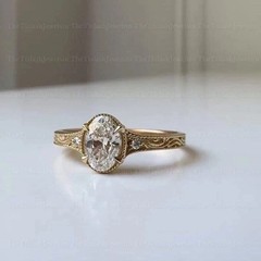 Vintage 2CT Oval Lab Created Diamond Ring Engraved Art Deco 14K Yellow Gold Over