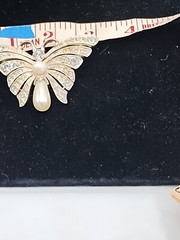 Vintage Butterfly Brooch Faux Pearl and Rhinestone Open Work Design.Silver Tone