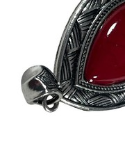 Antique Silver Tone Teardrop Red Stone Howlite Pendant Necklace Charm Jewelry