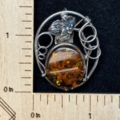 925 Sterling Silver Amber Pendant Brooch Pin|Scrollwork Leaf Frame|Cognac|#J19