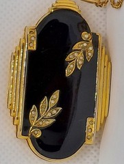 Large GF art deco black enamel Photo Locket Pendant Gold Filled Chain VTG Evans