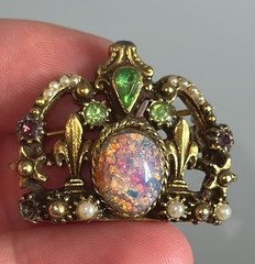 Regency Style Opal Glass Crown Brooch Rhinestone Faux Pearl 1950s Mid Century