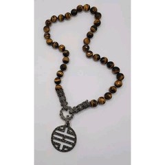 Tigers Eye Marcasite Convertible Bead Necklace Vintage Asian Inspired Charm Boho