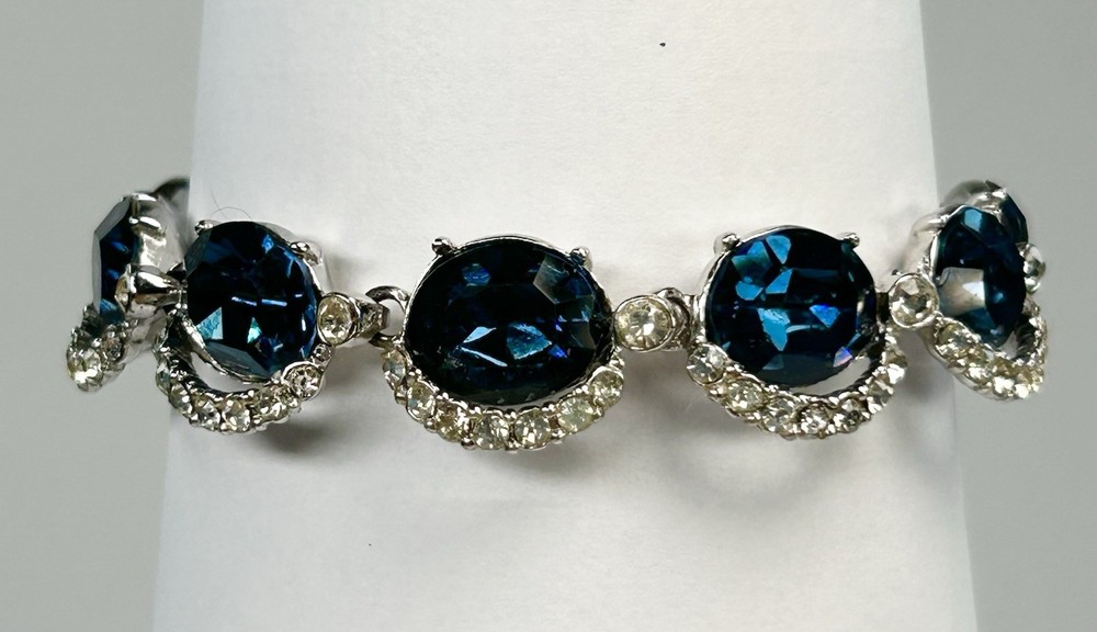 Vintage Blue Crystal and Clear Rhinestone Bracelet Silver Tone Fold-over Clasp