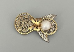 Vintage Gold & Silver Tone Metal Angel Brooch Faux Pearl Open Cut Details 1.75”