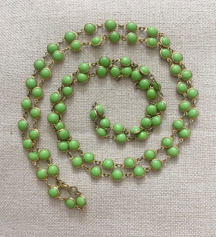 Vintage 1970s Apple Green Jade Glass Station Sautoir Rope Necklace Seamless 54”