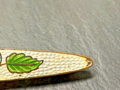 ANTIQUE BLUE WHITE GREEN GUILLOCHE FLORAL 2.5″ BAR BROOCH N389