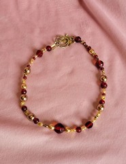 Two Toned Signed Faux Pearl Gold Red Glass Beaded Choker Necklace N1A