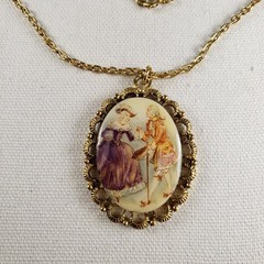 Vintage Porcelain Cameo Lover Dance Courting Couple Gold Tone Pendant 23″ Chain