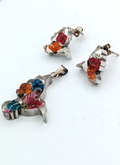 Vintage Pendant Earring SET Hummingbirds Sterling Silver Dried Flower
