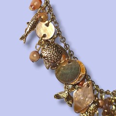 Gold Tone Fish Charm Necklace Pearl Shell Dangle Beach Boho 16″-18″