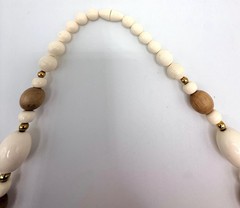 Vintage off white light wood and brown marbled amber colored beaded necklace