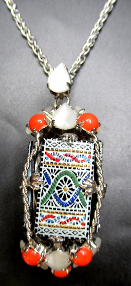 SCHREINER Moroccan Matrix Mosiac Glass Tile 4 Sided Vintage Pendant Necklace