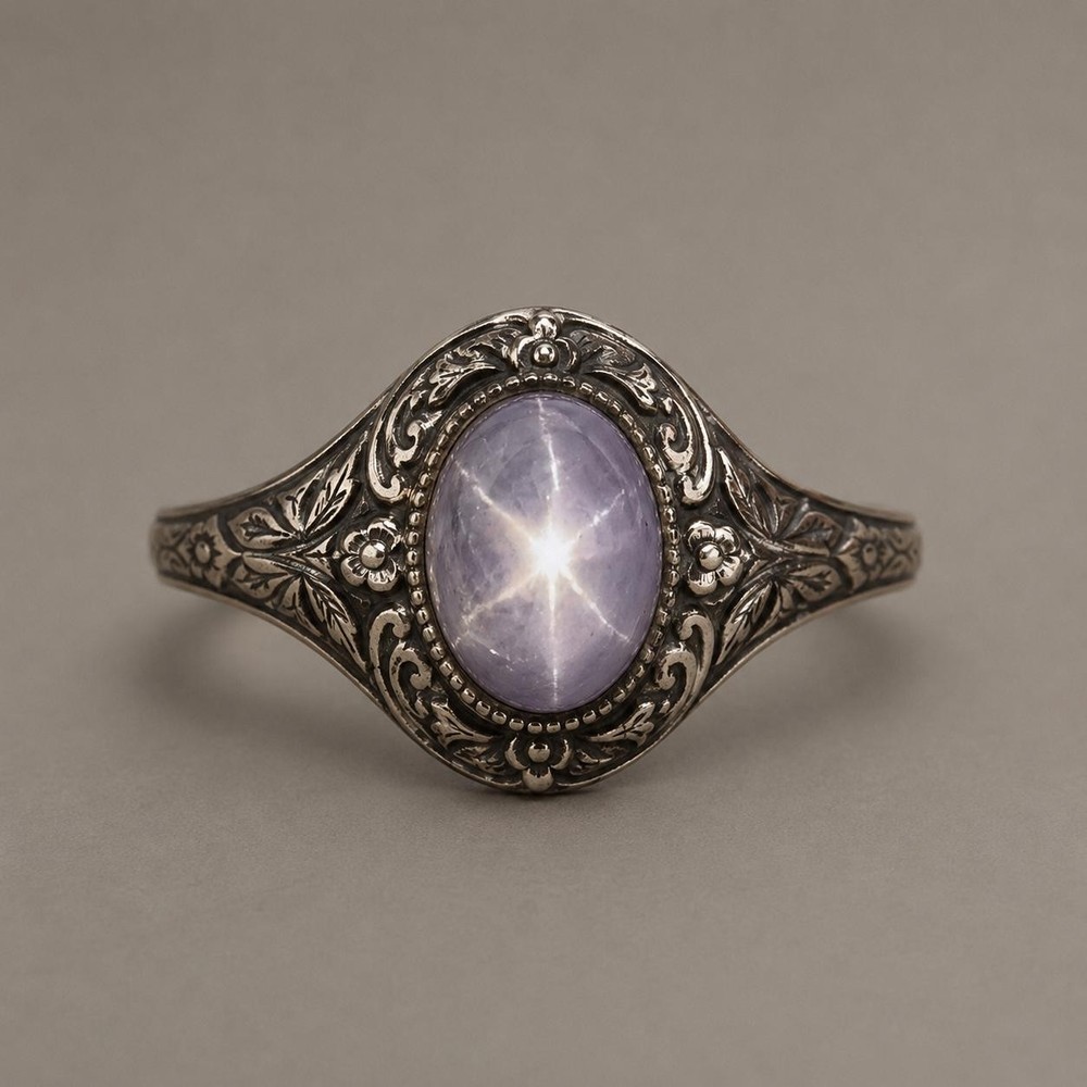 Natural Star Sapphire Ring 925 Sterling Silver Oxidized Vintage Engraved