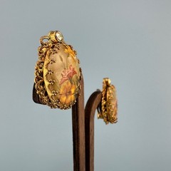 Vintage West Germany Clip On Earrings Gold Tone Filigree Floral Decal Rhinestone