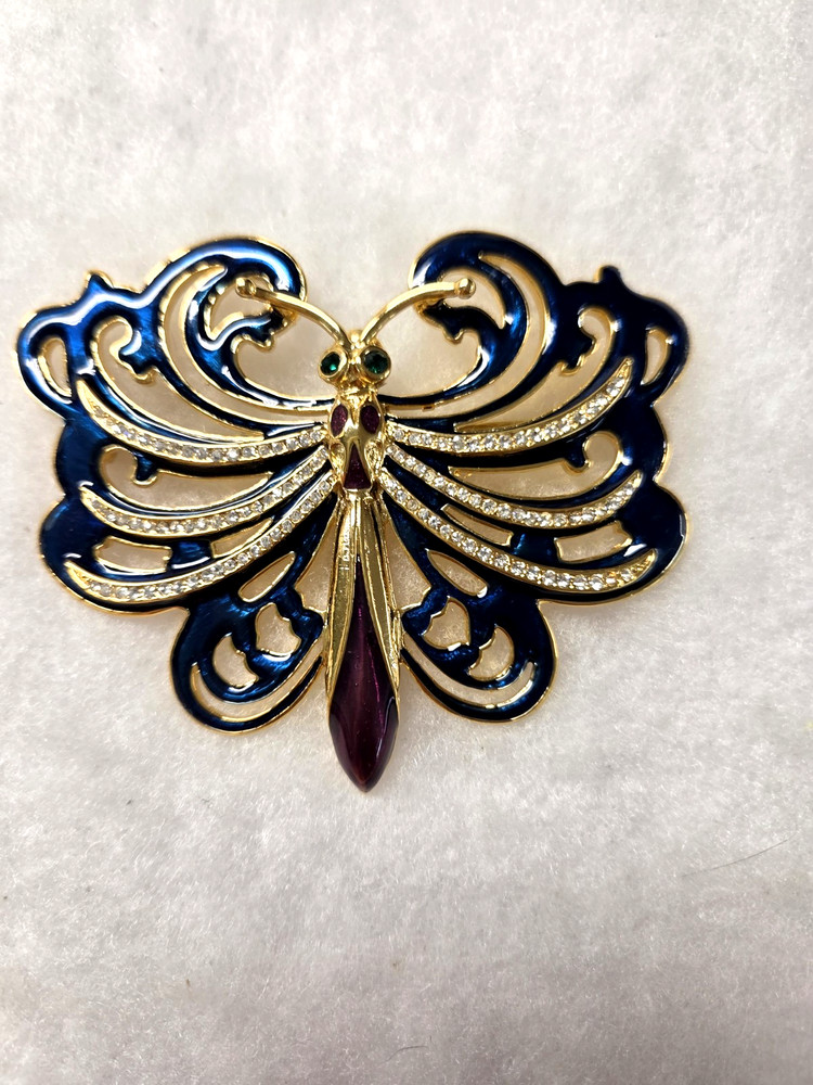 Vtg Cindy Adams Butterfly gold tone epoxy rhinestone huge pendant Pin