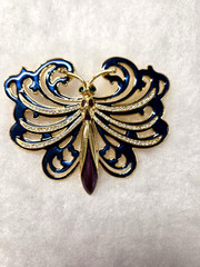 Vtg Cindy Adams Butterfly gold tone epoxy rhinestone huge pendant Pin