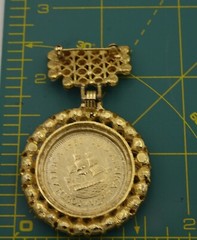 Vintage Faux Coin 1957 South Africa 1/2d Rhinestones Dangle Brooch Gold Tone