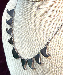 Vintage Taxco Style 925 Sterling Silver Garnet Paisley Cabochon Fringe Necklace