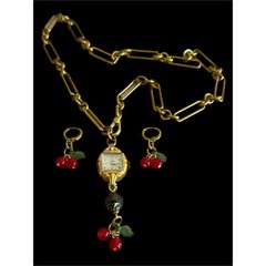 Victorian Raw Brass Necklace w/ Vintage Watch & Cherry Earrings Set