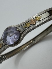 Antiqued Silver Plate Amethyst Glass Etched Gold Designed Bracelet Art Deco