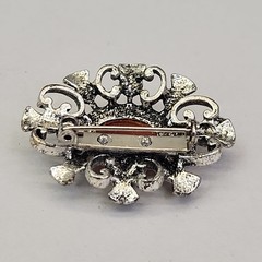 Vintage Carnelian Brooch Orange Stone Silver Tone Scrollwork Oval 1 5/8″