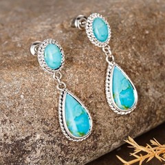 Vintage Tibetan Silver Turquoise Teardrop Dangle Earrings Women Boho Bezel