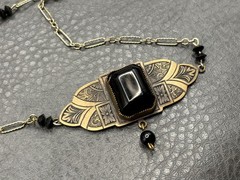 Vintage Art Deco Gold Tone Black Glass Pendant Necklace Chain 20”