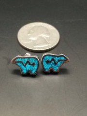 Vintage Southwestern Bear Stud Earrings Crushed Turquoise Chip Inlay Silver Tone