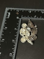 Vintage Pot Metal Brooch Flowers Rhinestone 2” READ