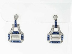 Art Deco Style Lab Created Diamond & Sapphire Wedding 14K White Gold FN Earrings