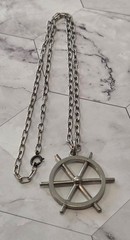 VINTAGE Chunky Modernist Logeskov Tin Denmark Ship’s Wheel Pendant Necklace 26in