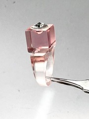 Vintage Lucite Ring Size 7.75 Coral Peach Rhinestone Modern Chunky Cubism Unisex