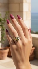 Vintage Art Nouveau Style Peridot Sterling Silver and 14K YG Vermeil Ring Size 8