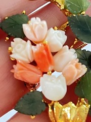 Vtg Signed SWOBODA Flower Basket Pin Brooch w/ Carved Natural Coral and Jade