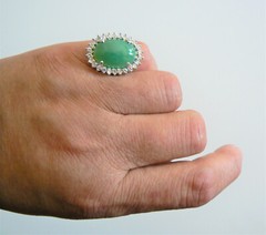 Light Green 14K Gold Cabochon Jadeite Jade Diamond Ring Vintage Estate Gift Idea