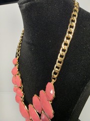 Orange Faceted Lucite & Gold Tone Metal Bib Statement Necklace 17″