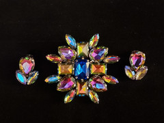 Vintage Watermelon Rhinestone Brooch & Clip on Earrings Prong Set Foil Back