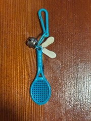 Vintage 80s Bell Charm Blue Tennis Racket White Sneaker Shoes Plastic Clip On