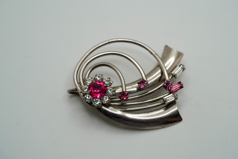 Vintage Silver Pink Rhinestone Flower Brooch / Pendant 4cm JB39