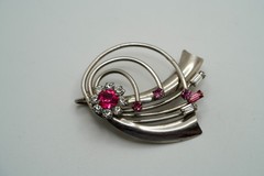 Vintage Silver Pink Rhinestone Flower Brooch / Pendant 4cm JB39