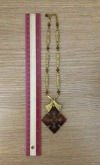 Quatrefoil Pendant Necklace Amber Color Lucite Metal Textured & Beaded Chain