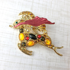Gold Tone Rhinestone Multicolor Color Cabochon Flying Reindeer Brooch