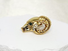Pair KJL For Avon Gold Tone Green Eyed Ram Head Post Earrings