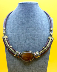 Antique Gold Tone Leather & Oval Brown Stone Choker Necklace Vintage