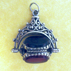 Vintage English Silver Triple Stone Spinning Fob Charm Carnelian Bloodstone Onyx