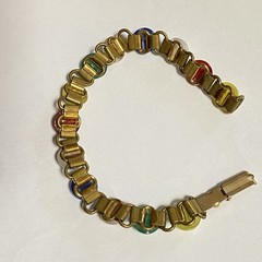 Vtg Multicolor Glass Cabochon Brass Bracelet Fold over Clasp 7.25”