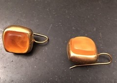 NJD N J D Signed Brushed Gold & Set Orange Glass Pierced Earrings Vintage