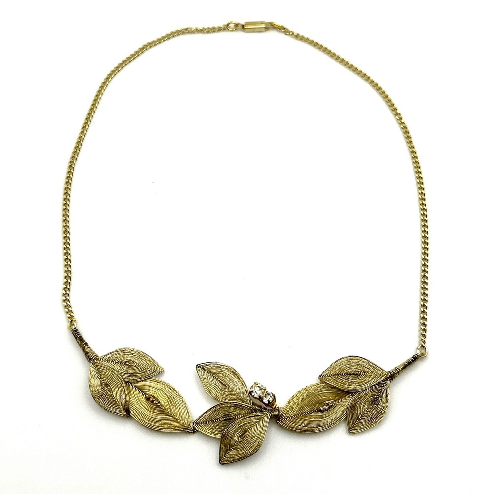 VTG Necklace Gold Tone Spun Wire Rhinestone BOHO Unique Prom Wedding Gorgeous